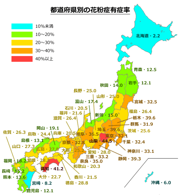 都道府県別花粉症の発症率マップ